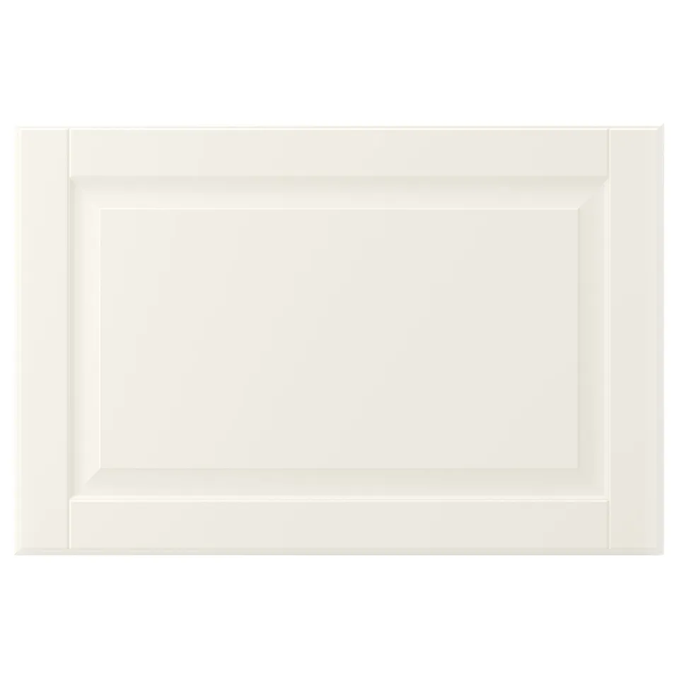 A BODBYN cabinet door in off-white with bevelled edges and a smooth finish. Its rectangular with a classic design.