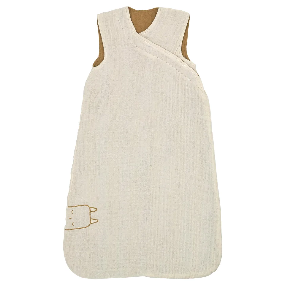 White organic cotton baby sleep bag with embroidered cat.