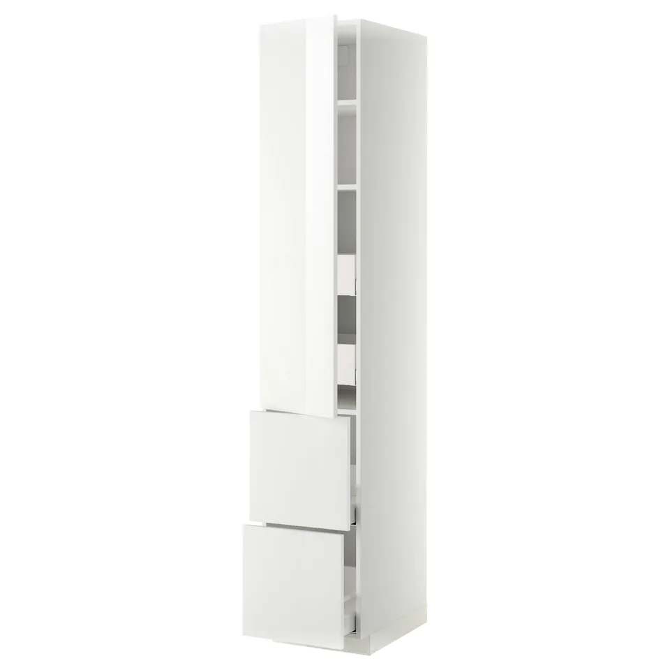 White METOD kitchen cabinet with glossy finish, adjustable shelves, and two drawers.