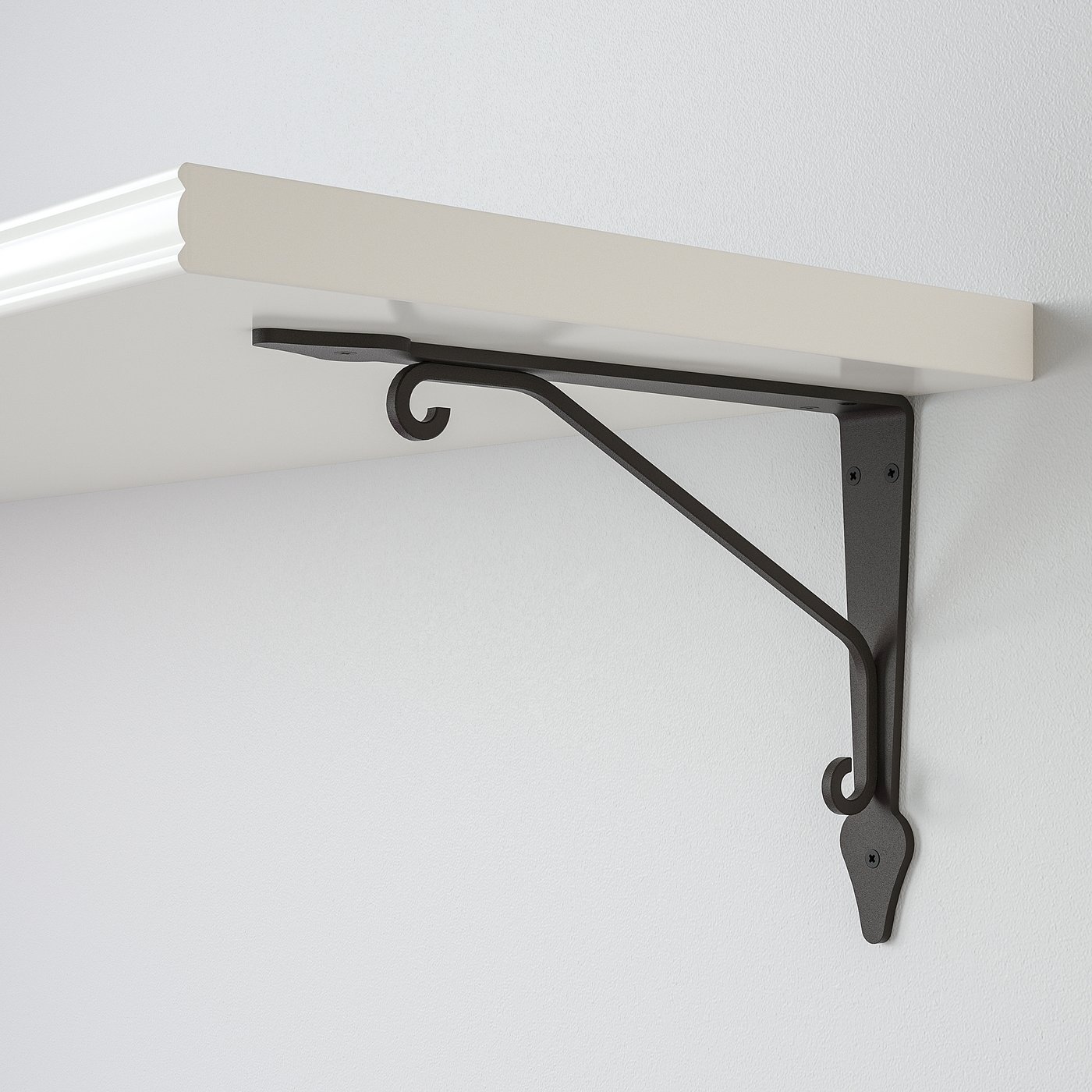 A sturdy black metal bracket securely holds a light-colored wooden shelf against a white wall, showcasing its robust and elegant design.