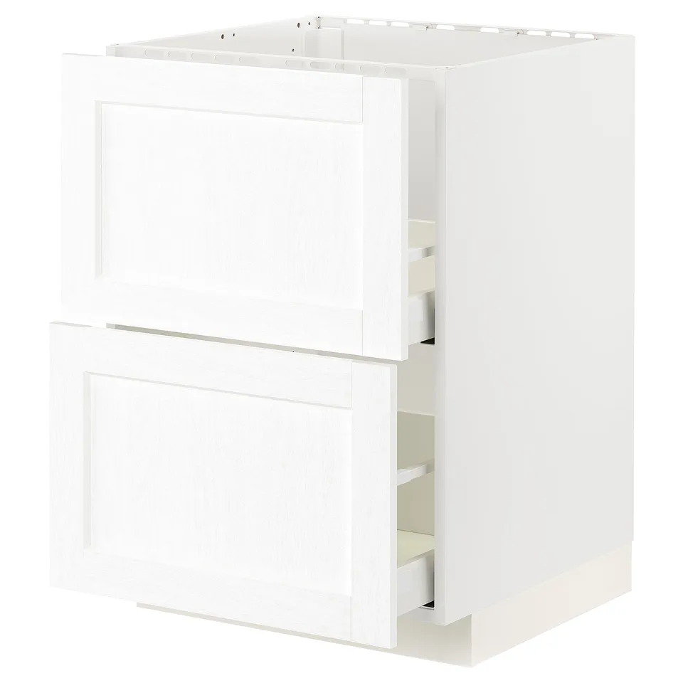 A white METOD kitchen cabinet from IKEA. It has two drawers and a door. The cabinet is rectangular and includes integrated shelves within the door.