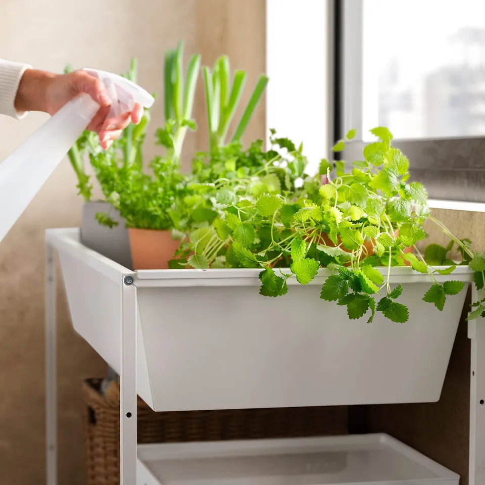 White JOSTEIN storage unit with herbs, rust-resistant metal, open shelves.