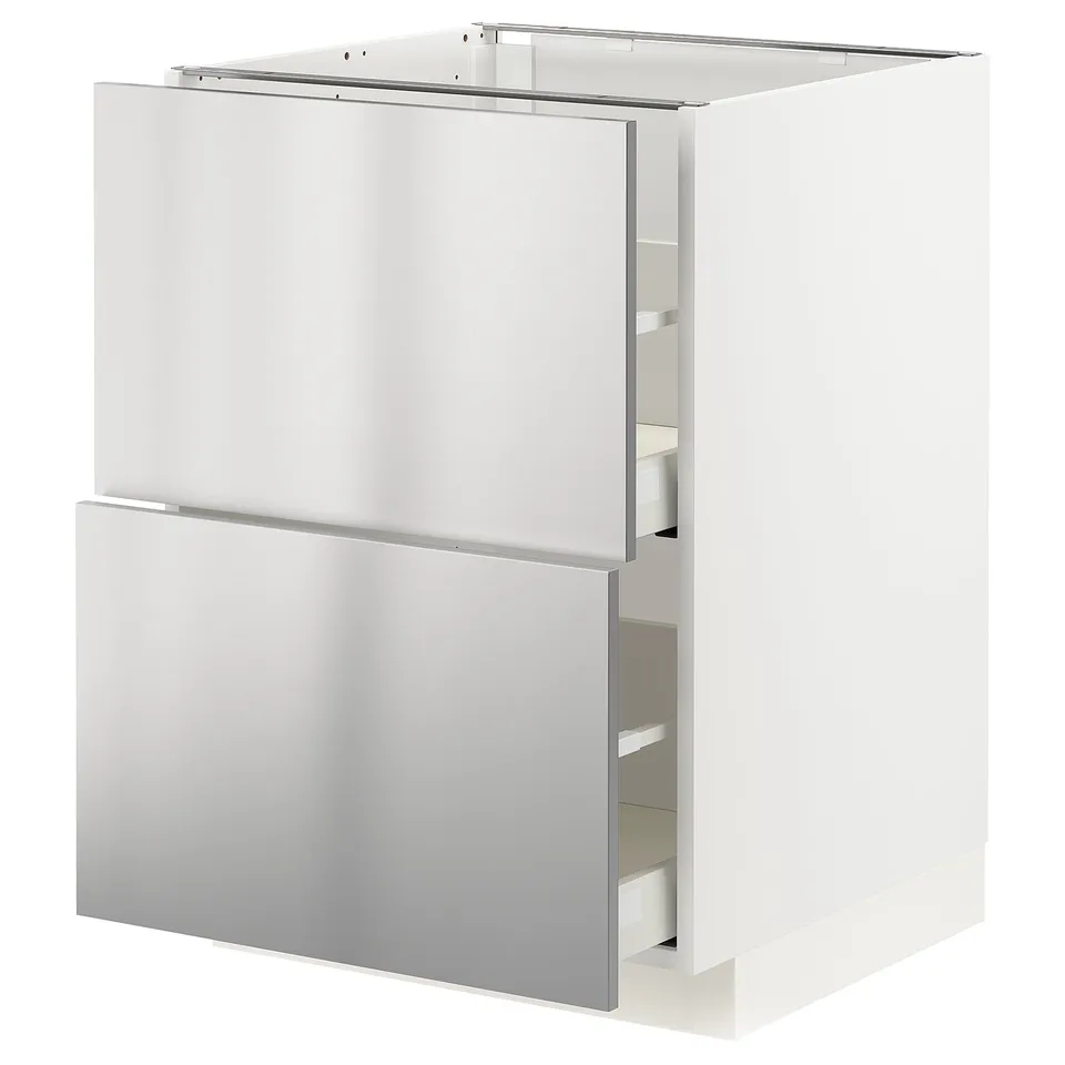 Modern, white METOD kitchen cabinet with stainless steel doors, featuring sleek drawers and a streamlined design.