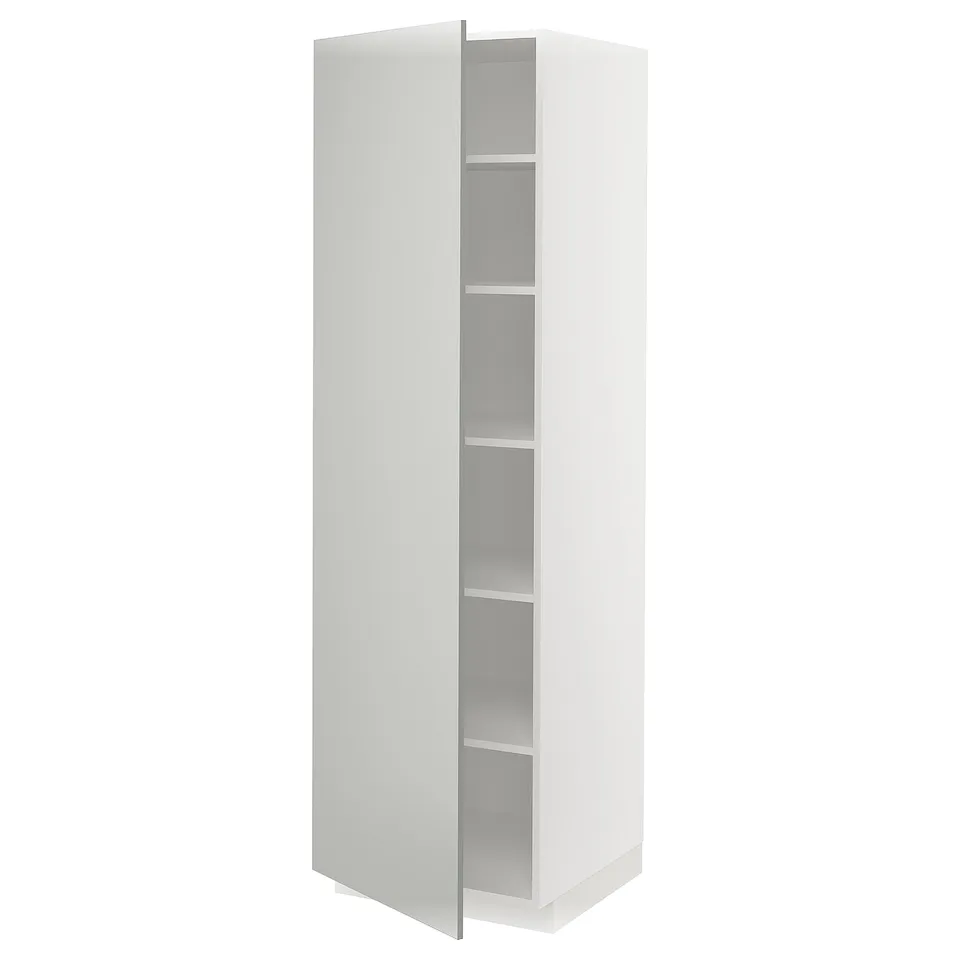 White METOD kitchen cabinet, sleek, tall, three shelves, modern design.