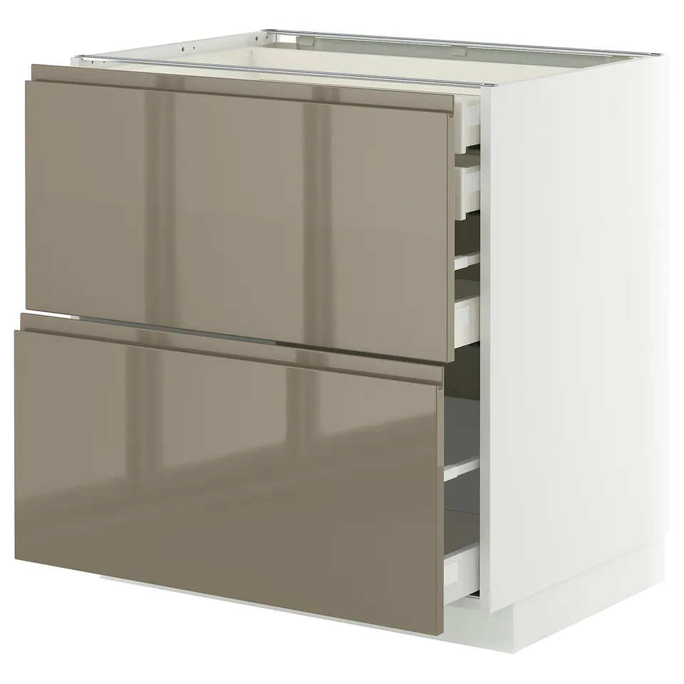 Modern high-gloss brown ikea METOD cabinet with sleek handles and self-close drawers.