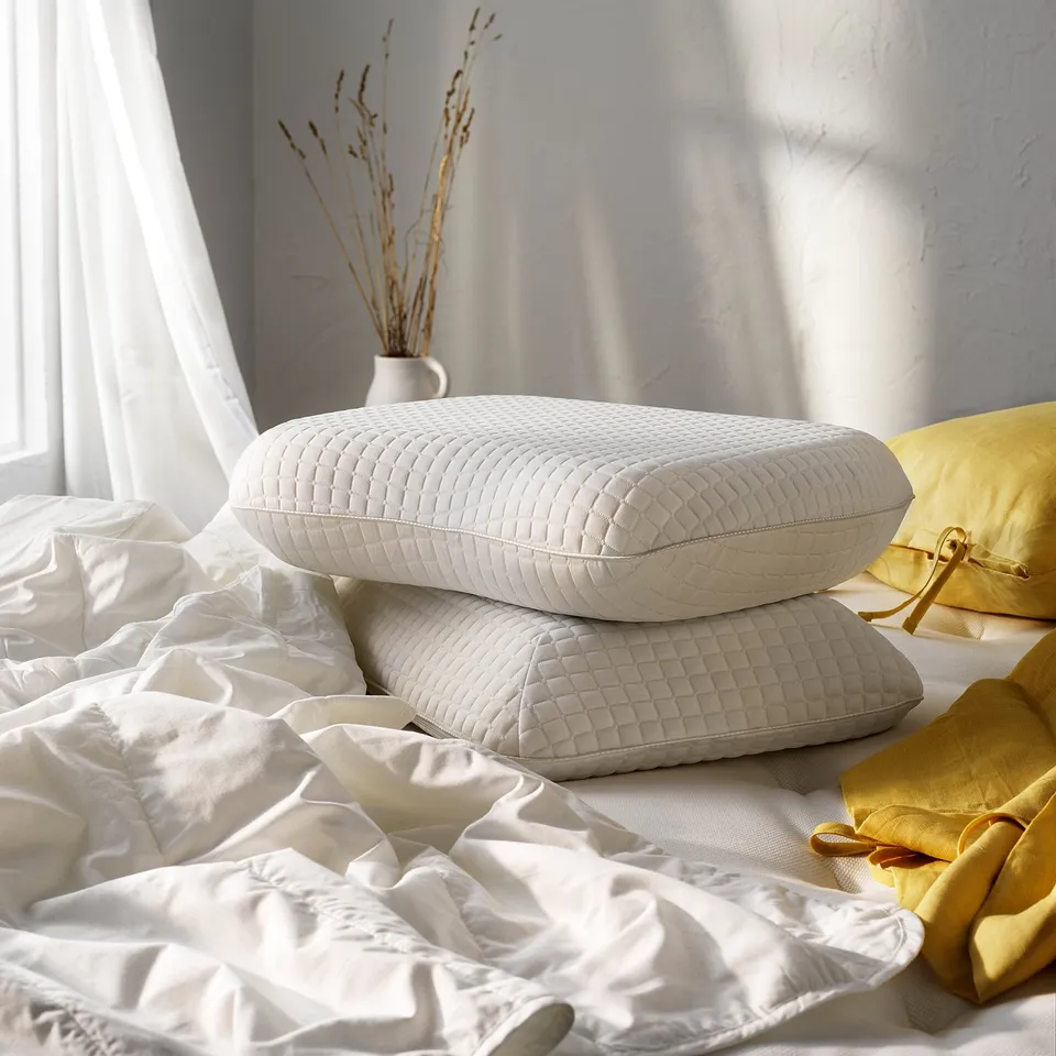 Two white, rectangular pillows stacked on a bed with white and yellow linens and dried grasses in a vase.