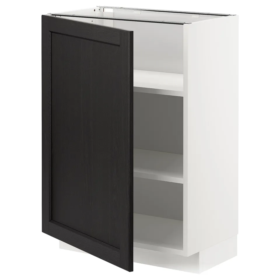 A METOD kitchen cabinet with a dark stained lerhyttan door featuring bevelled edges. Its white with an open door revealing shelves inside.