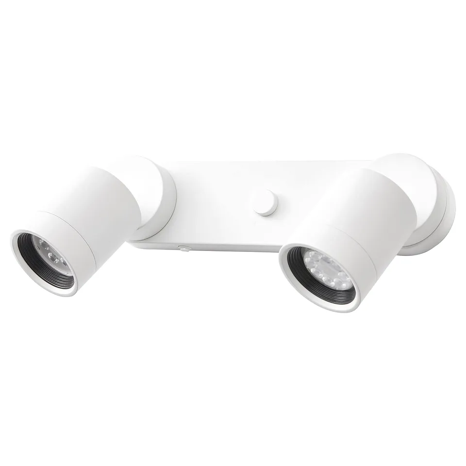 White dual-head spotlight, NYMÅNE, modern design, adjustable spots, metallic finish.