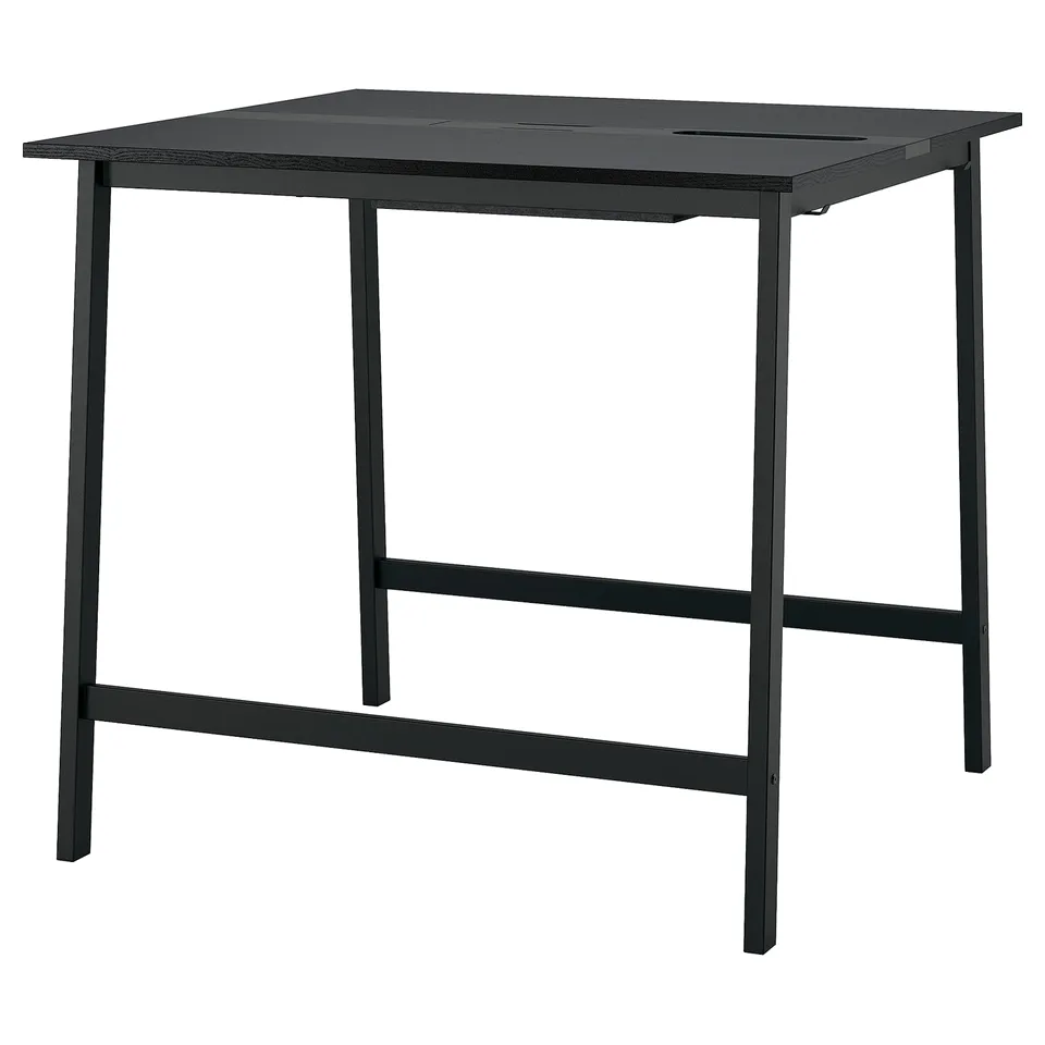MITTZON: square black conference table with slim metal legs. Minimalist design, ideal for meetings.