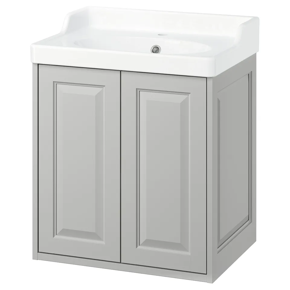 TÄNNFORSEN white vanity, light grey, dual doors, rectangular shape, ceramic basin, wall-mountable.