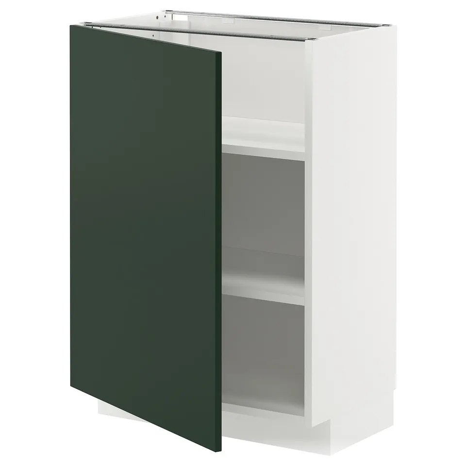 Modern white cabinet with green door, open shelves, adjustable shelves.