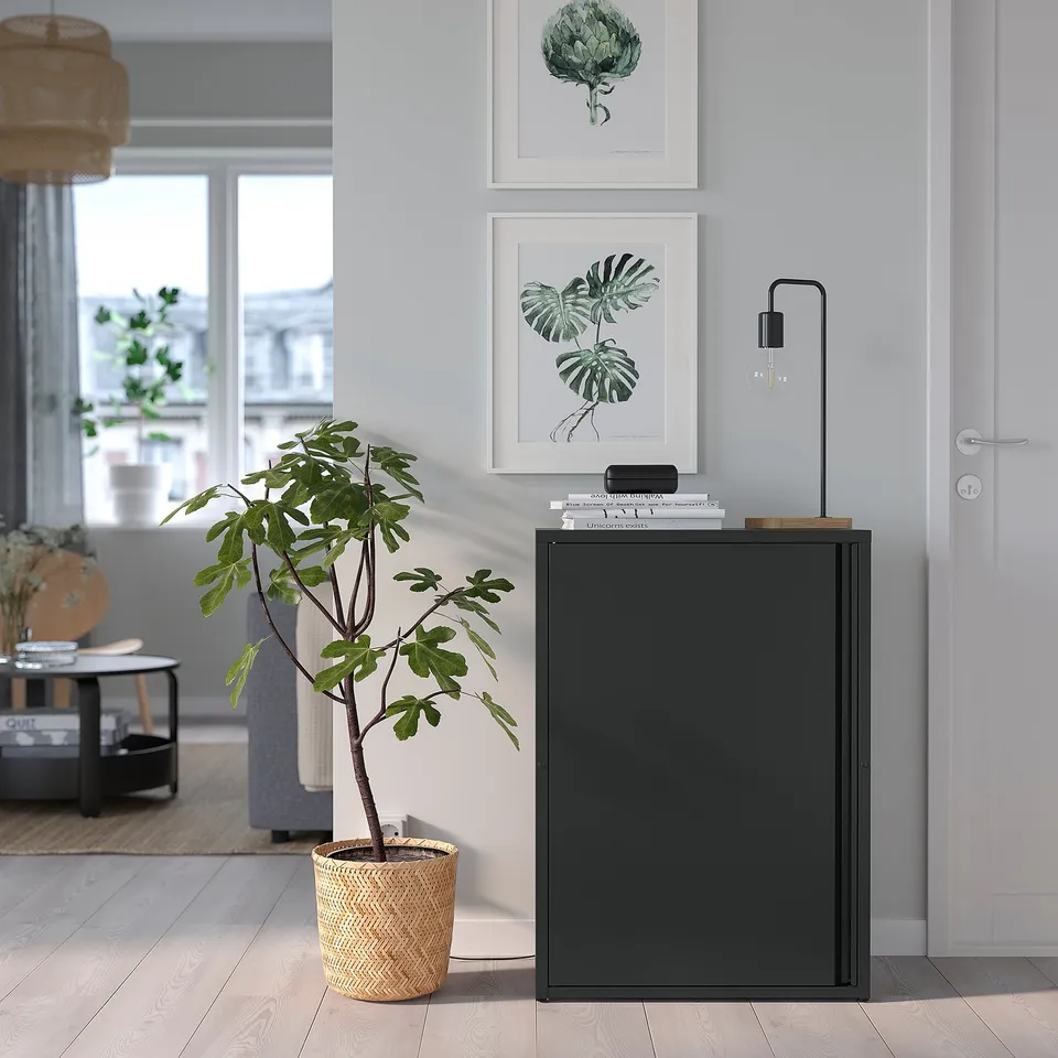 Modern living area with a black SUNDSÖ cabinet, art prints, potted plant, and minimalist decor.