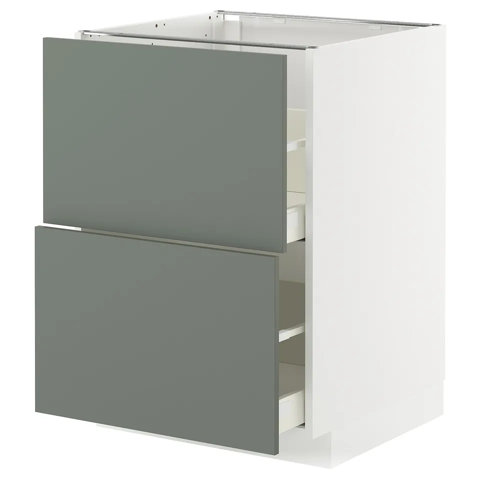Modern kitchen cabinet in grey-green, featuring a white frame and two drawers.