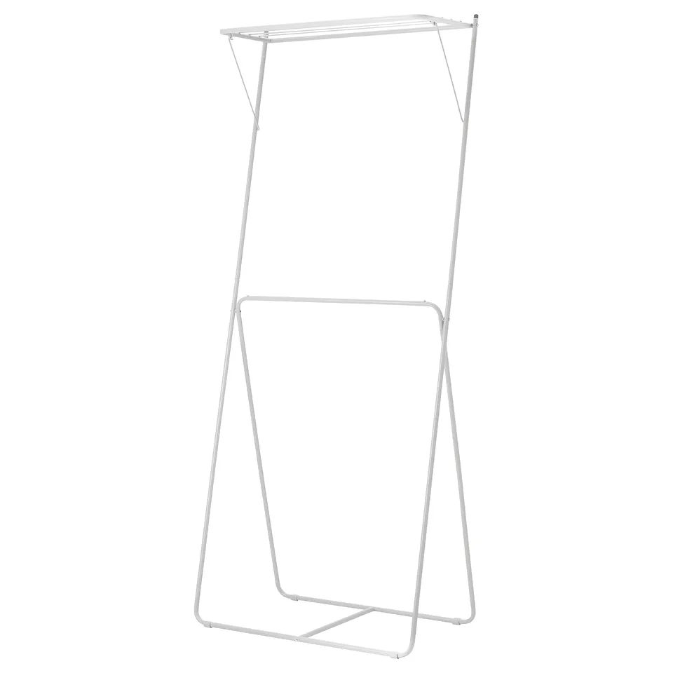 A white SLIBB metal clothes drying rack with two tiers, designed to maximise space and preserve clothes.