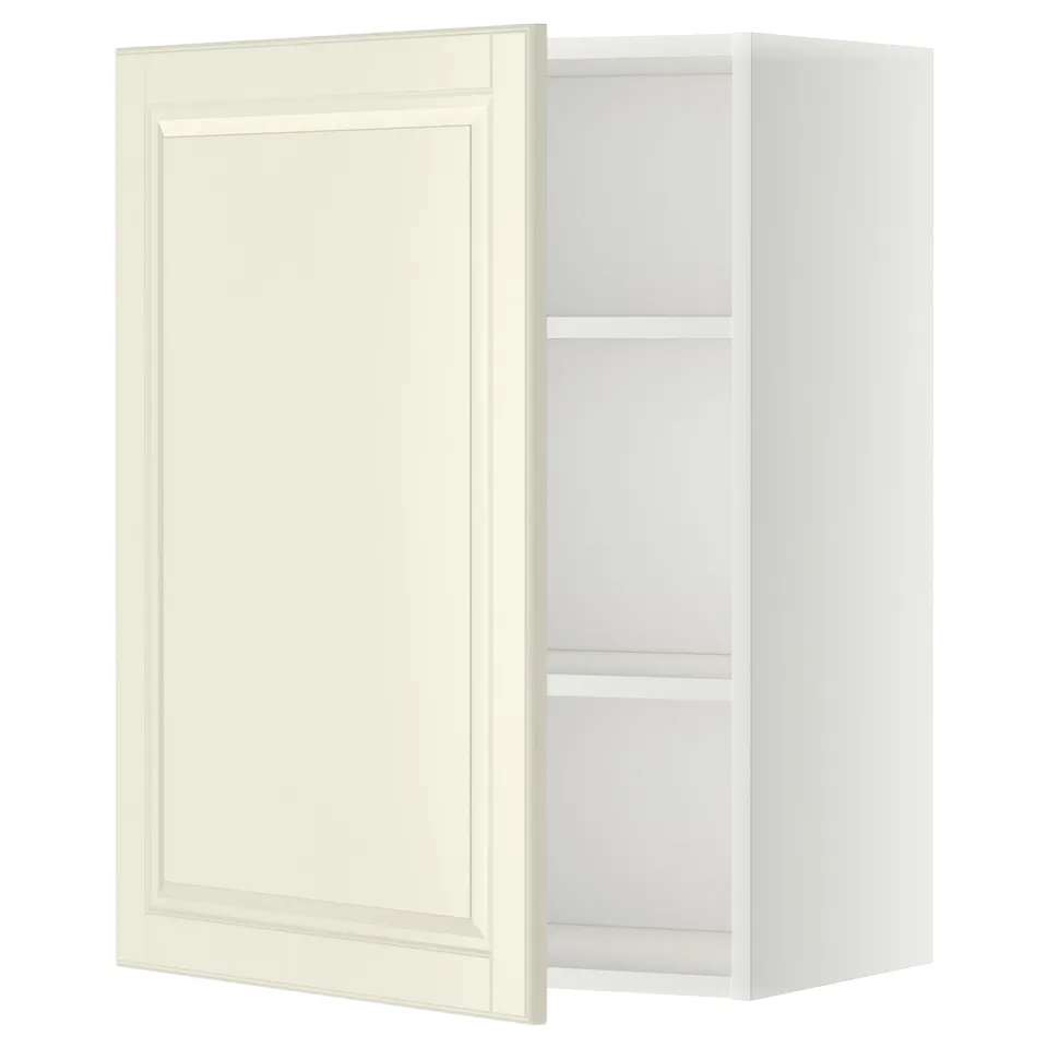 Off-white METOD kitchen cabinet with adjustable shelf, rectangular shape and traditional bevelled door design.