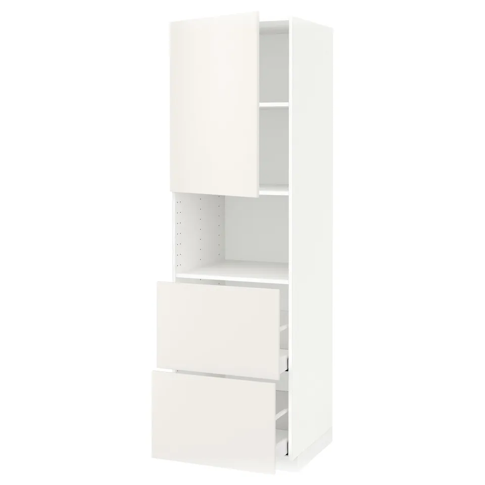 A white METOD kitchen cabinet with two drawers and an open shelf. Its tall, rectangular, with clean lines, and made of particleboard and steel.
