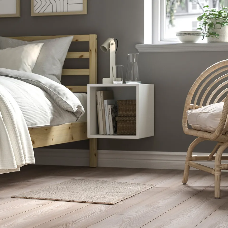 Bedside rug named TIPHEDE, beige, cotton, simple rectangle. Small, fits beside wooden bed.
