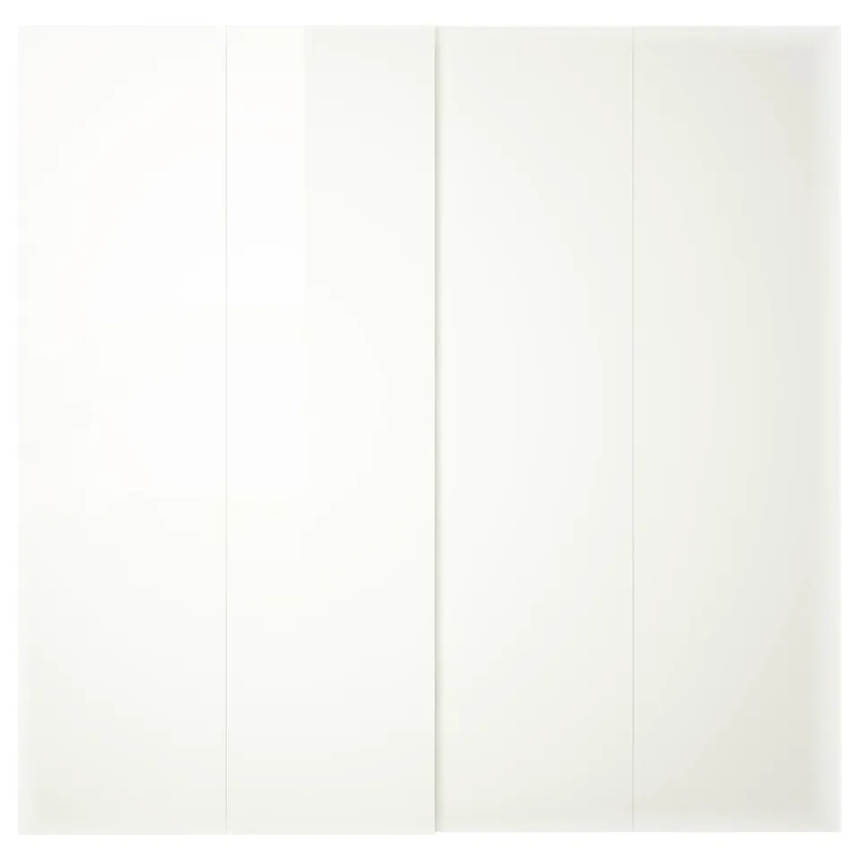 HASVIK wardrobe doors: five high-gloss white, sliding panels with sleek, minimalist design and integrated soft-closing mechanism.
