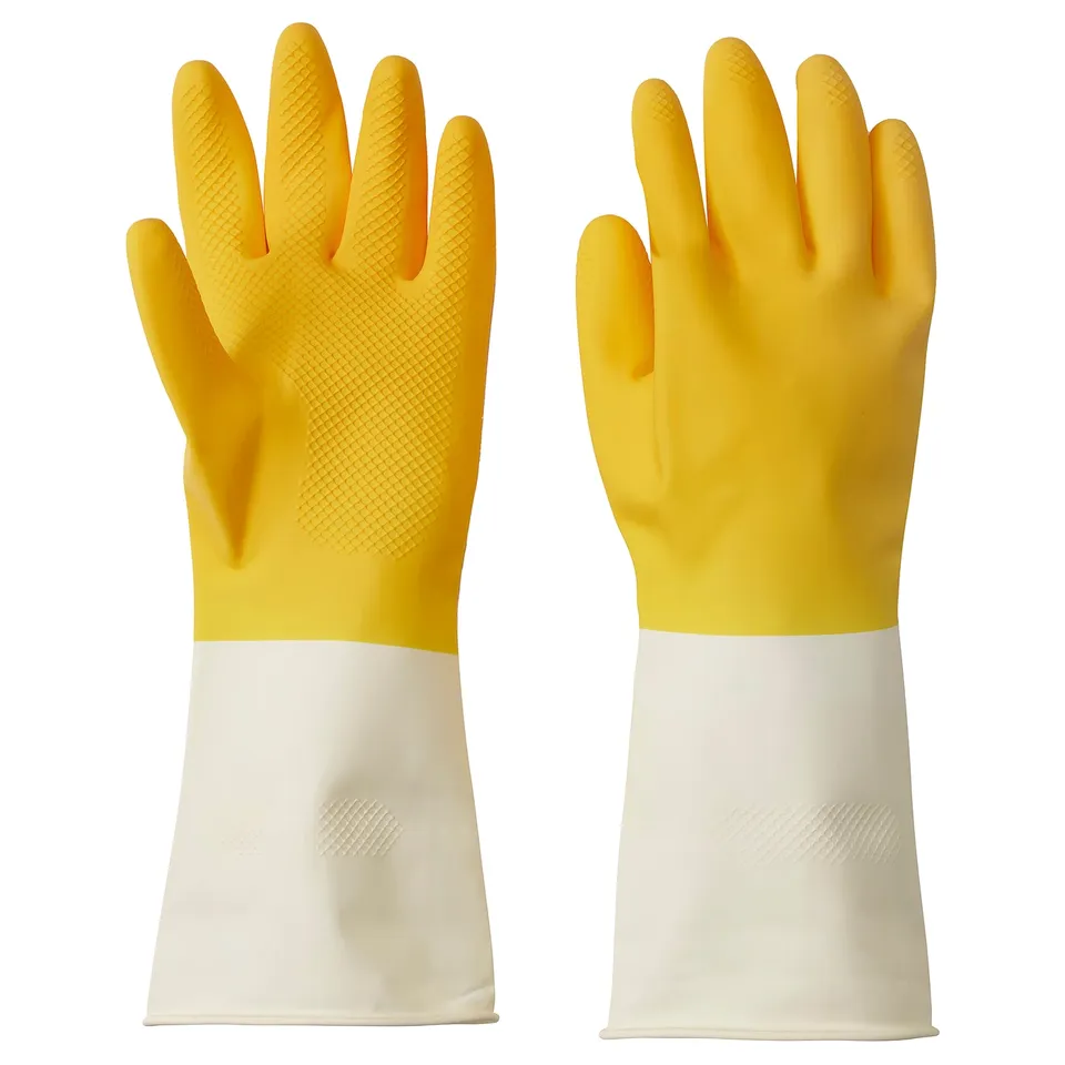 Two yellow rubber gloves with white wrist cuffs, textured for grip, on a white background.