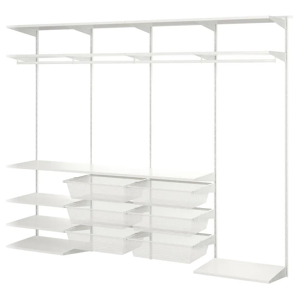 A white BOAXEL wall-mounted storage system with shelves and mesh baskets for organisation.