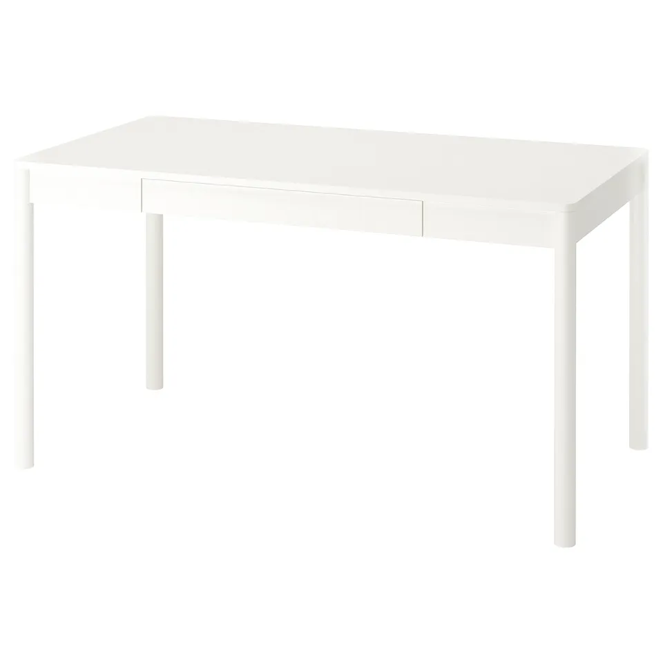 White ikea TONSTAD desk with drawer, slim legs, minimalist.