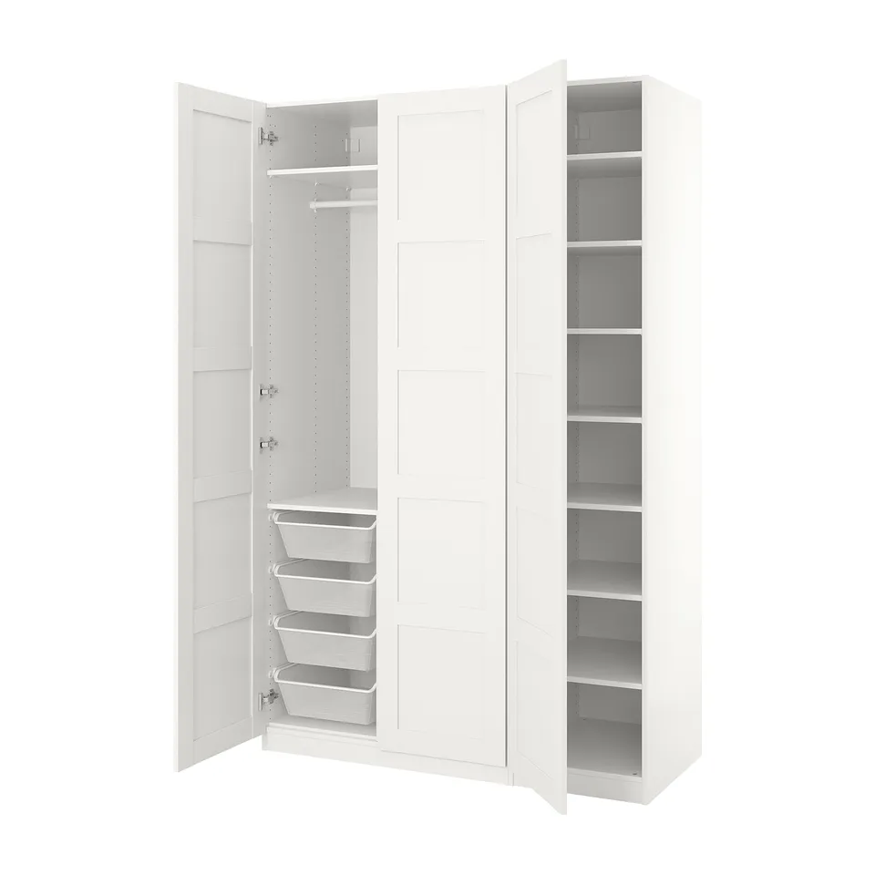 White PAX wardrobe open, showing storage: shelves, hanging rail, mesh baskets, clean design.