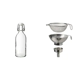 KORKEN set: bottle with stopper + strainer/funnel set of 3