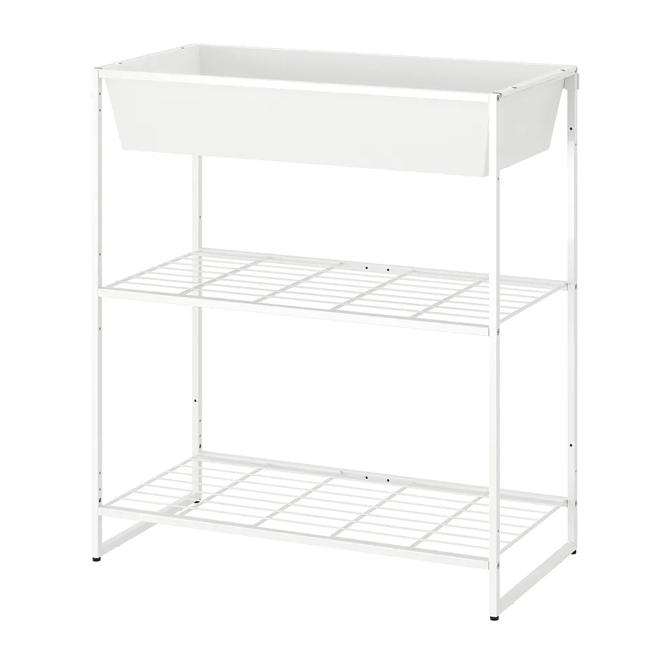 A JOSTEIN white metal storage rack with three tiers. Its designed for indoor and outdoor use, withstands moisture, and keeps items organised.