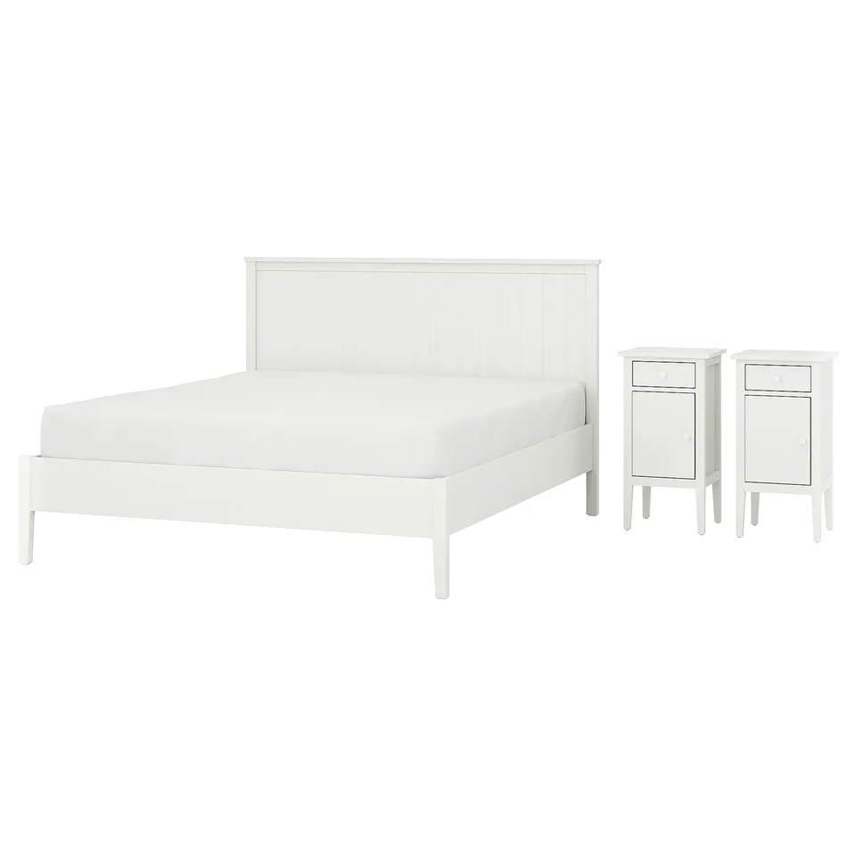 A white GULLABERG bed with a headboard and two bedside tables. The furniture is made of wood with a clean, minimalist design.