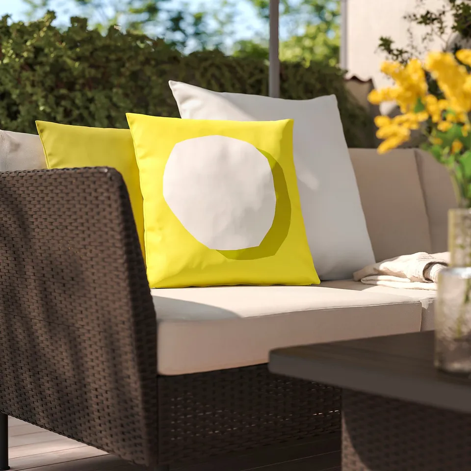 GULLBERGSÖ / HJÄRTERÖ Cushion, set of 3, mixed sizes bright yellow/white/off-white out/indoor
