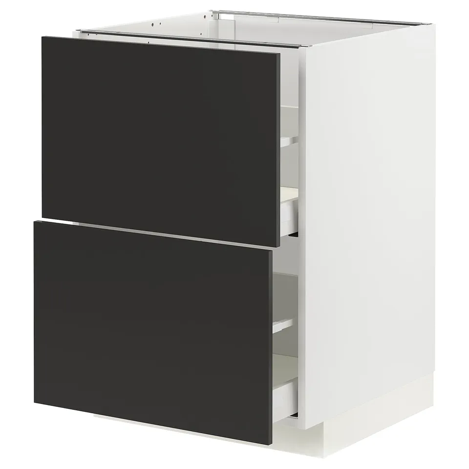 An ikea METOD kitchen unit with black drawers and a white frame. It two full-extension drawers for storage.