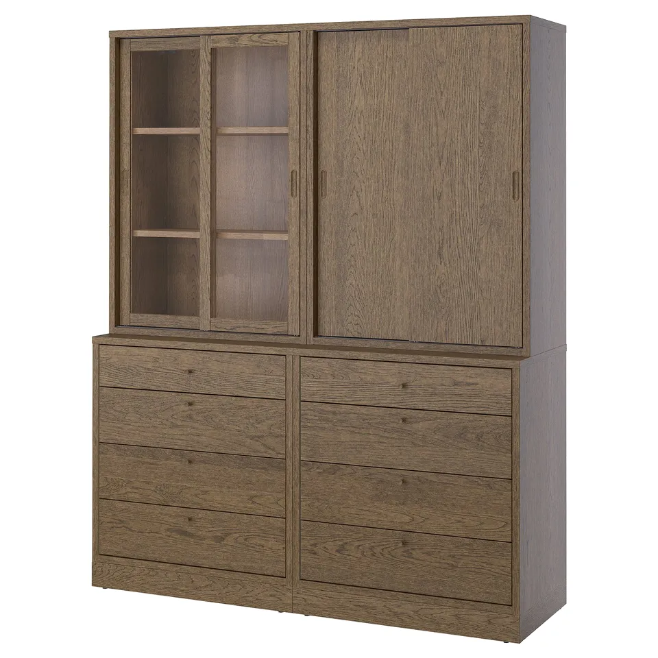 TONSTAD wooden cabinet: light brown, oak veneer, rectangular, sliding doors, four-drawer chest base.