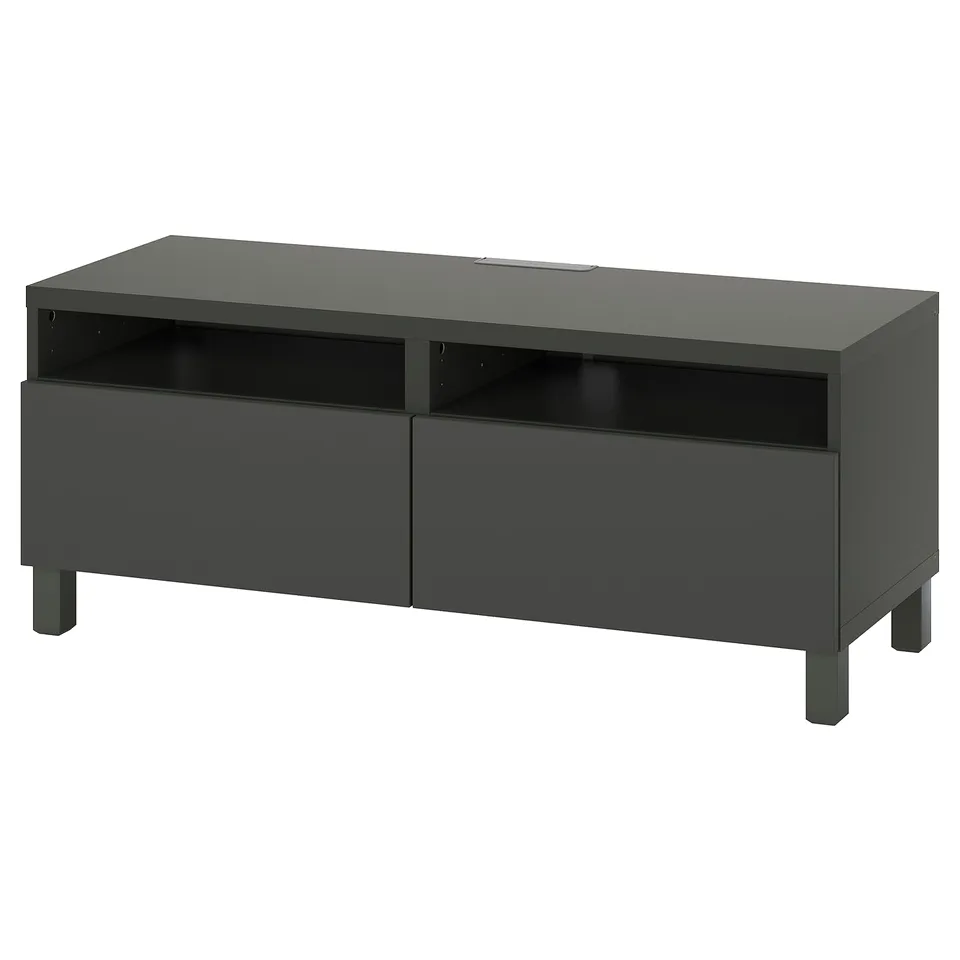 Black BESTÅ tv bench, rectangular, wooden with drawers and open storage.