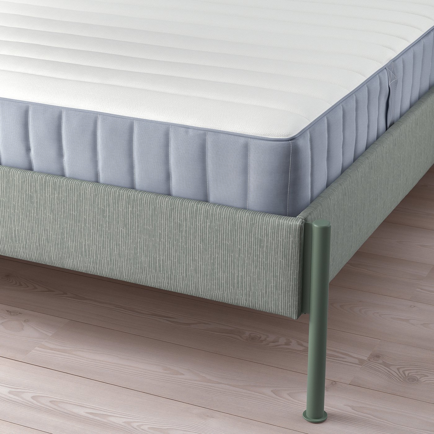 Modern bed frame with adjustable sides, soft headboard, and metal legs for easy cleaning.