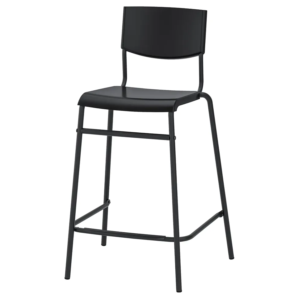 A modern black STIG bar stool with a metal frame and plastic seat and back. It has a square shape and simple design.
