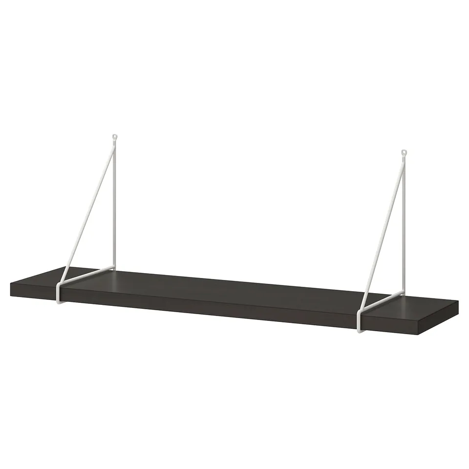Black BERGSHULT wall shelf with white metal brackets, rectangular, modern design.