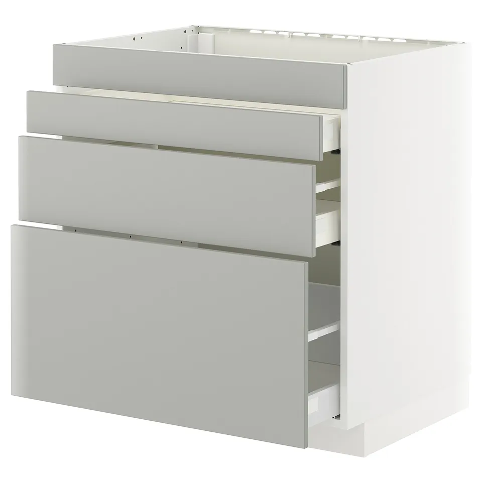Modern grey METOD kitchen drawer set, three-drawer, clean design, light grey tones, durable material.