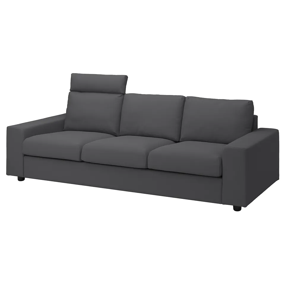 VIMLE sofa: dark grey, modern design, three cushions, adjustable headrests, durable fabric.