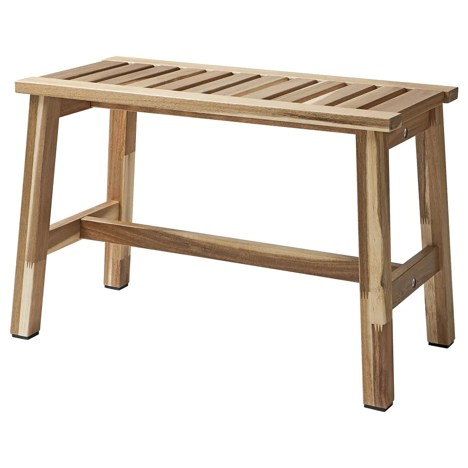 STOREDAMM wooden bench, natural colour, acacia with clear lacquer, rectangular shape, practical slatted design for storage.