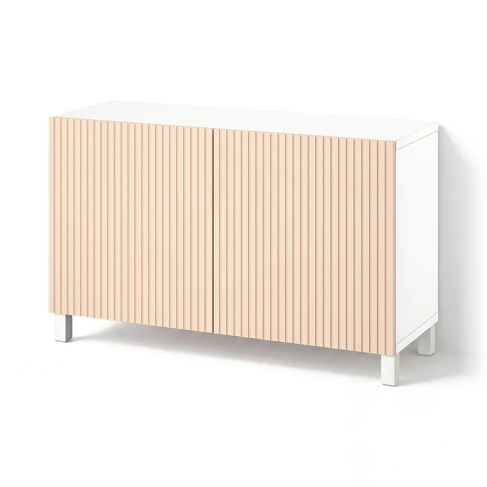 BESTÅ Storage combination with doors, white/Björköviken/Stubbarp birch veneer, 120x42x74 cm