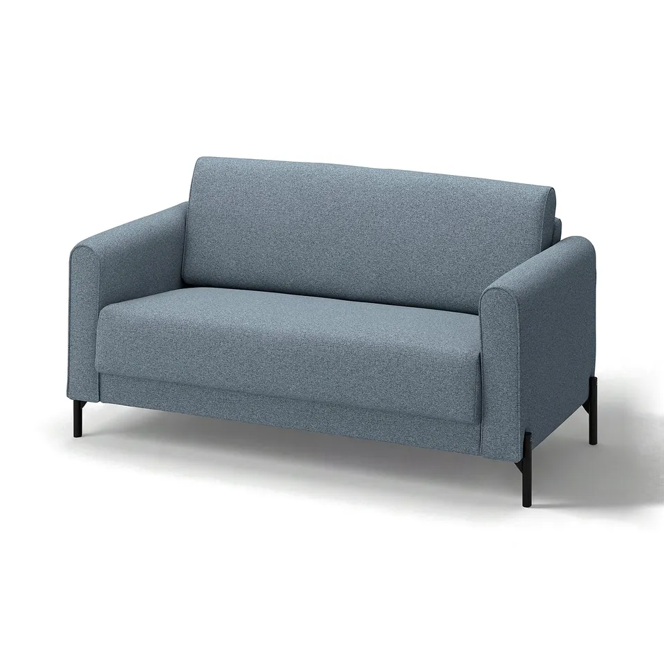 SALTMYRAN blue sofa: modern slim design with soft armrests, upholstered in textured fabric, metal legs.