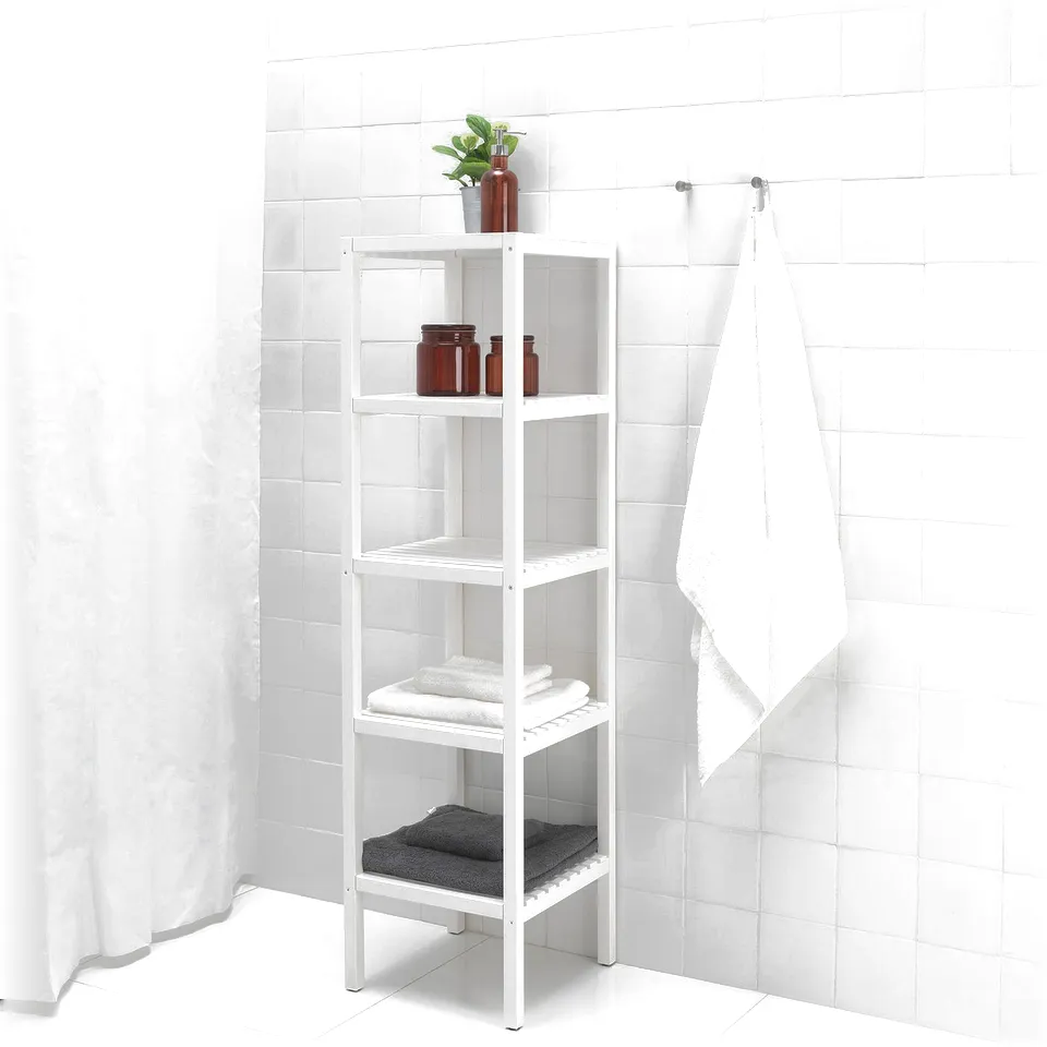 A white shelving unit stores towels, bottles in a bathroom. Easy reach and water-resistant.