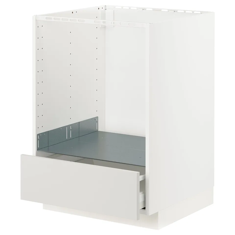 White METOD cabinet with grey drawer and metal shelf.