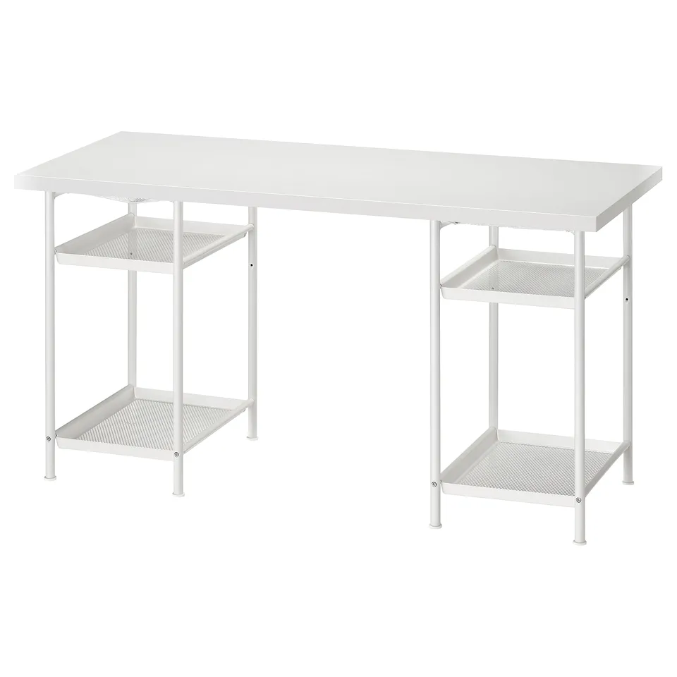 LAGKAPTEN, white desk with rectangular tabletop, metal legs, and two mesh shelves.