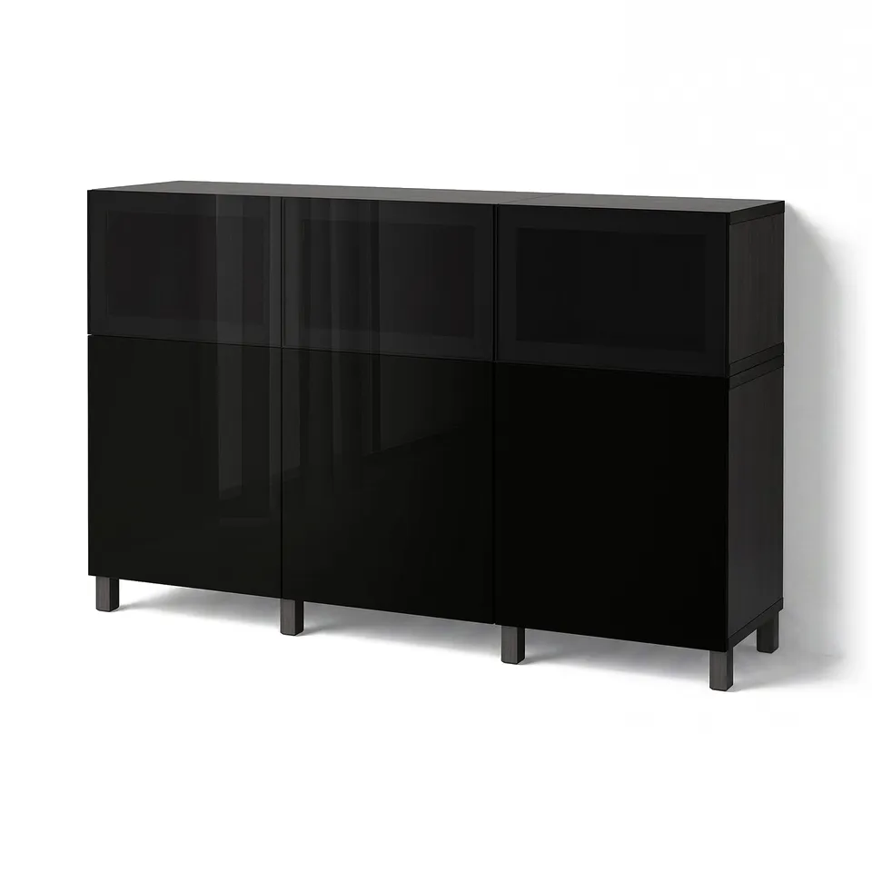 BESTÅ Storage combination with doors, black-brown Selsviken/Glassvik high-gloss/black smoked glass, 180x42x112 cm