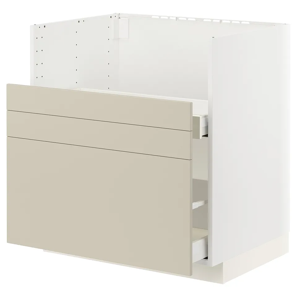 Modern kitchen cabinet, beige METOD system, sleek design, includes drawers, sturdy frame.