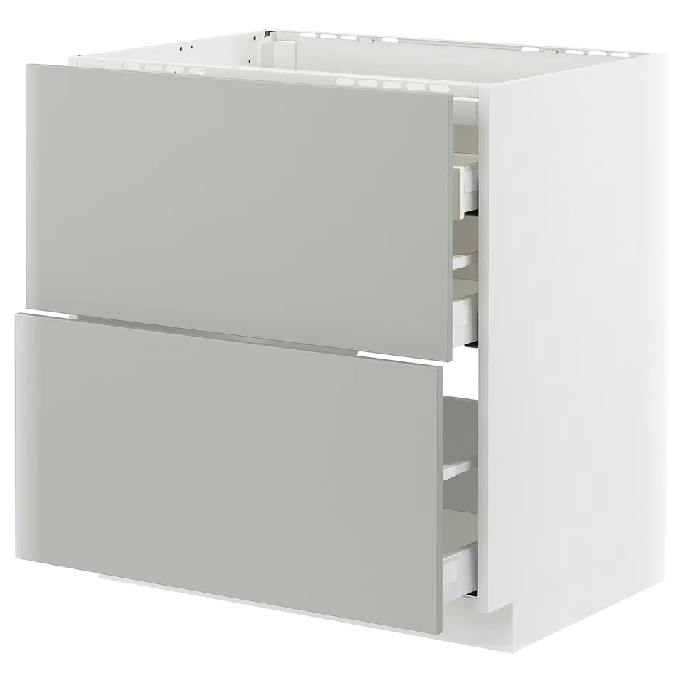 Modern grey kitchen cabinet with multiple drawers. Sleek, rectangular design.