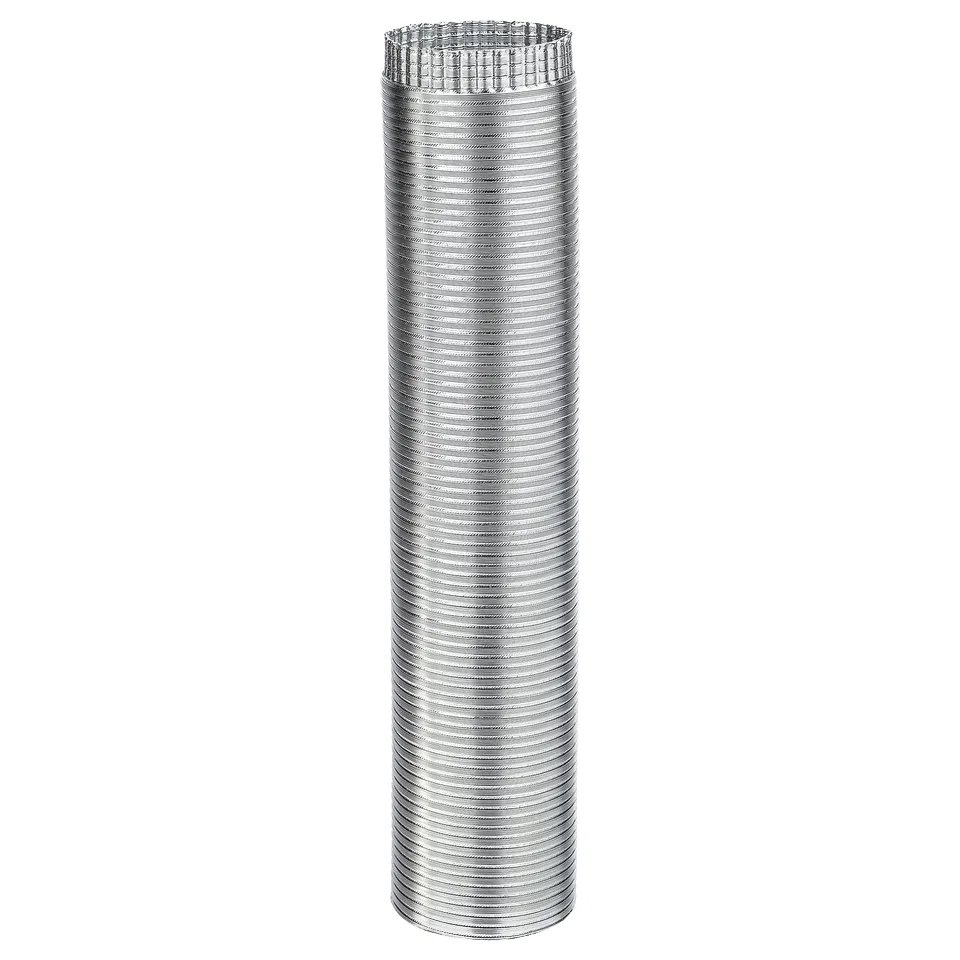 Silver flexible aluminium tube. Circular shape, tightly coiled. Modern, industrial design.