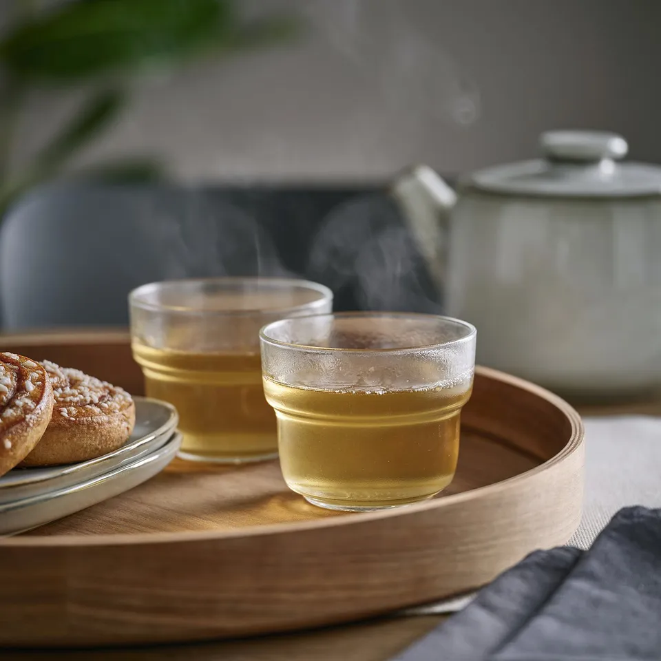 Two steaming glasses of tea on a wooden tray, with a pastry and a teapot in the background.