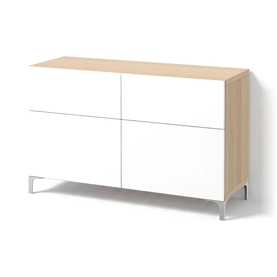 BESTÅ Storage combination w doors/drawers, white stained oak effect/Selsviken high-gloss/white, 120x42x74 cm